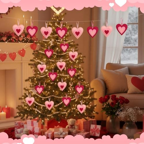 HunnmingRe 24 Pcs Valentine Felt Heart Ornaments for Tree Small Heart Hanging Decorations Valentine Felt Baubles for Home Wedding Party Decor(3.15 Inch,Lively Style,Pink Fuchsia)