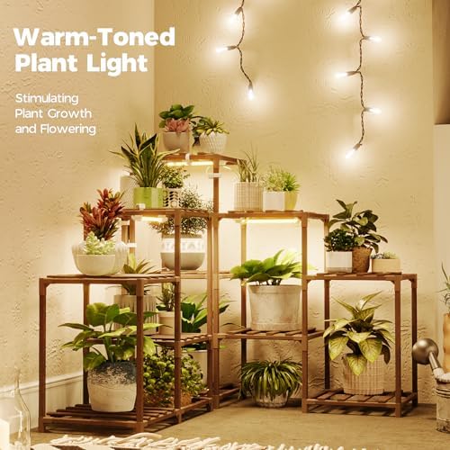 Bamworld Plant Stand with Grow Lights for Indoor Plants 11 Potted