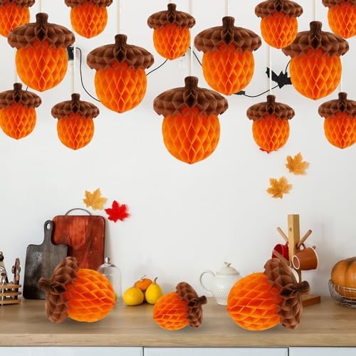 15Pcs Fall Acorn Honeycomb Decorations, Thanksgiving Decor