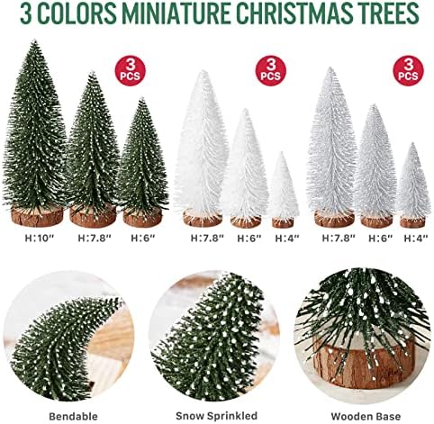 9Pcs Mini Bottle Brush Christmas Trees in 4 Sizes - Green, Silver, White Table Decorations