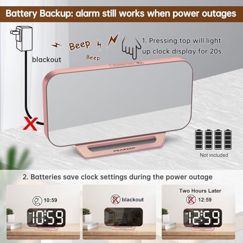 Peakeep Slim Digital Mirror Aesthetic Alarm Clock for Bedrooms Desk Decor