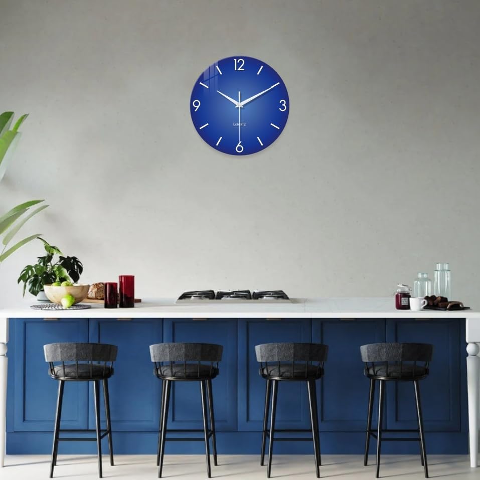 Large Blue Glass Wall Clock 20 Inch Modern | Battery Operated Silent Non Ticking Simple Minimalist Round Analog