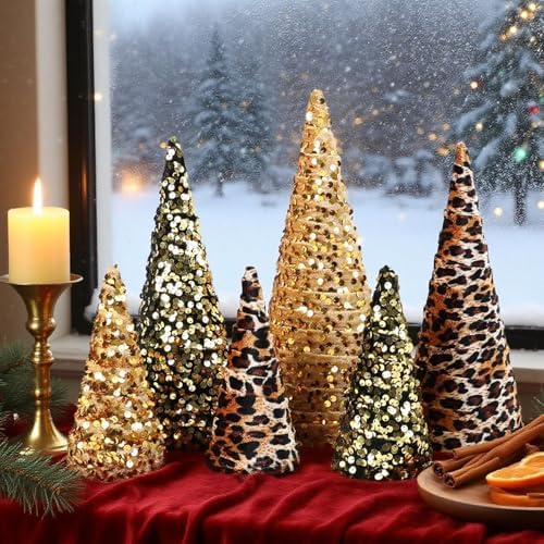 6 PCS 12" 10" 6" Christmas Leopard Cone Tree Decoration Christmas Glitter Leopard Cheetah Print Table Tree Farmhouse Velvet Tree Tiered Tray Ornament for Home Holiday Tree Centerpiece Decor