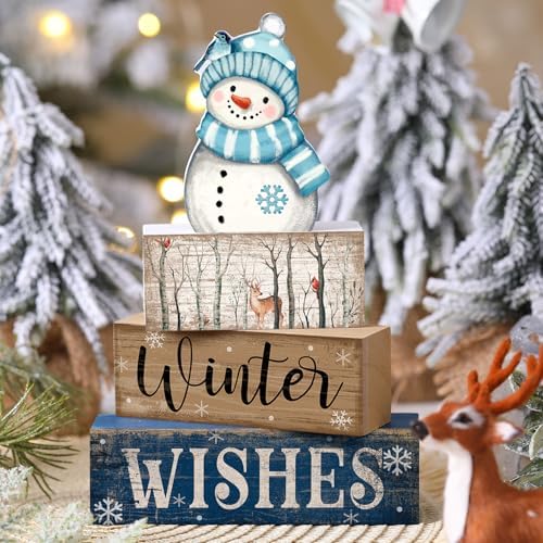 Lineshading 4 Pcs Christmas Table Decor Snowman Wooden Block Signs