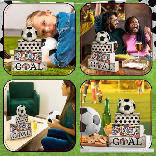 Moucuny 4 Pcs Soccer Centerpieces Table Wooden Block Signs Ball Topper
