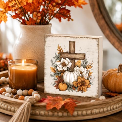 Fall Decorations for Home Christian Cross Pumpkin Wood Sign Fall Decor 5 * 5inch