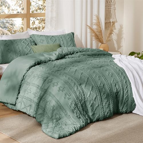 Bedsure Tufted Boho Comforter Set Twin Size - Green Boho Bed Set, GentleSoft™ 2 Pieces Farmhouse-Style Embroidery