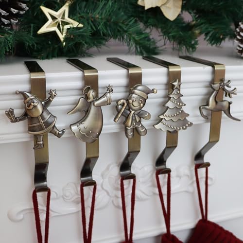 Stocking Holder for Mantle, Christmas Stocking Holders Set of 5, Reusable Christmas Stocking Hooks, No-Damage Xmas Hanger for Fireplace Mantle Grip Christmas Decoration Ornaments Hanging