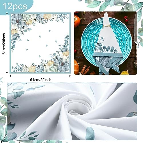 Qeeenar 12 Pcs Blue Pumpkin Floral Cloth Napkins 20" Thanksgiving Dinner