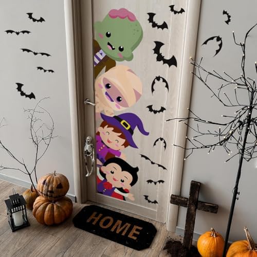44.88 X 15.75 Inch Halloween Door Sticker Cute Witch Vampire Mummy Green Monster Stickers Halloween Party Bar Decal for Door Window Wall Decoration