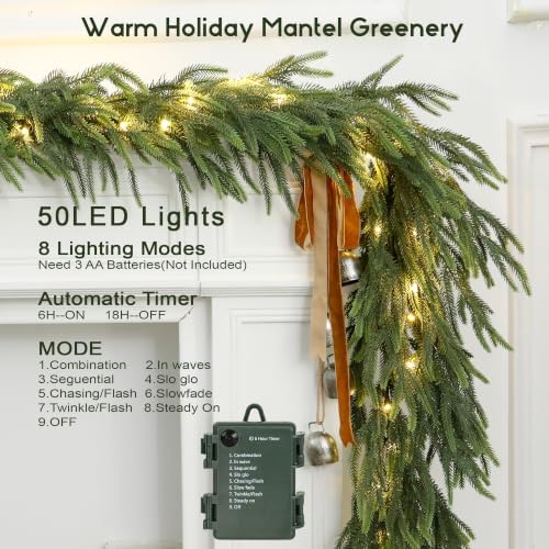 2Pcs 9FT Soft Touch Artificial Norfolk Pine Christmas Garland with Lights