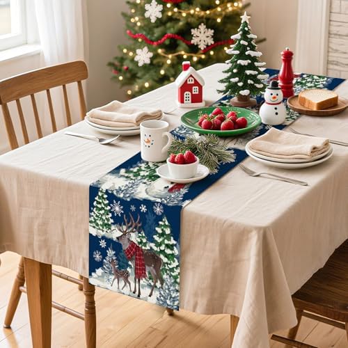 Artscope Reindeer Snowman Christmas Tree Table Runner, Xmas Winter Snowflakes Holiday Kitchen Dining Table Decoration for Christmas Home Party Decor 13x120 Inch-Blue