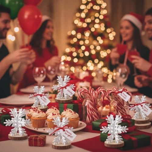 Bucherry 12 Pcs Wooden Snowflakes Table Decor,White