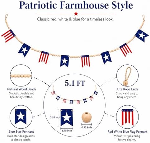 Felt Red White Blue Wood Bead Garland Banner for Mantel Fireplace