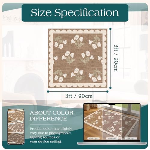 3x3 Square Entryway Rug - Non-Slip Washable Front Door Mat Indoor Outside Entrance Small Porch Rug Tan Neutral Floral