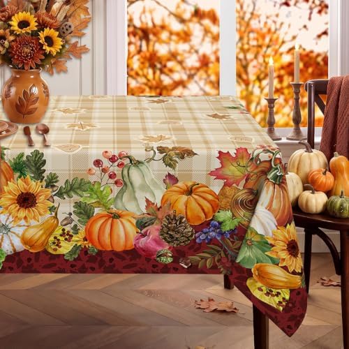 Fall Plaid Square Tablecloth 52x52 Inch, Stain Resistant Washable Fabric Autumn Harvest Pumpkin Table Cloth Square Fall Tablecloth Table Cover for Kitchen Dining Party