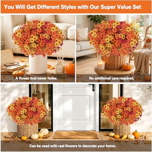 13 Bundles Artificial Fall Flowers Fake Mums for Outdoor (Autumn Colors)