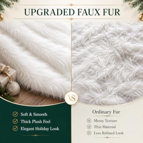 AISENO 72 Inch White Faux Fur Christmas Tree Skirt, Luxury Plush Tree Base Cover for Holiday Party and Home Christmas Decor