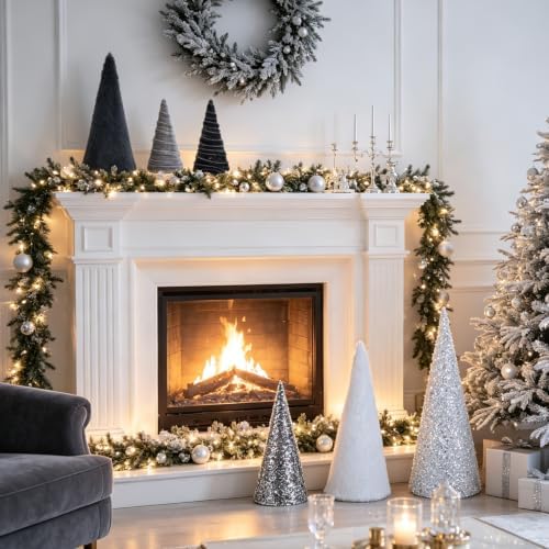 6 PCS 12" 10" 6" Christmas Silver Gray Cone Tree Decoration Christmas Glitter Sequin Furry Velvet Tree Table Centerpiece Modern Tiered Tray Ornament Xmas Tree for Home Holiday Mantle Winter Decor