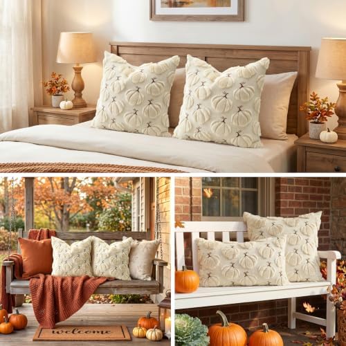 Artscope Pumpkin Fall Throw Pillow Covers 16x16 Set of 2, Autumn Soft Plush Faux Fur Decoration Cushion Covers for Thanksgiving Holiday Couch Sofa Bedroom Home Decor-Beige