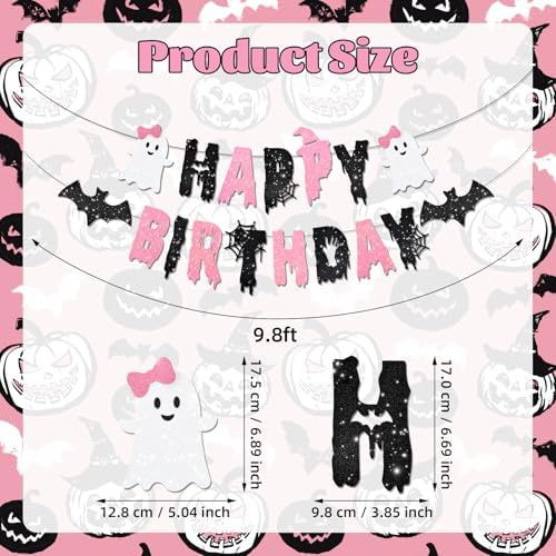 Pink Halloween Happy Birthday Banner – Cute Ghost and Bat Design with Glitter Letters and Spider Web Accents – Girly Halloween Party Decoration for Kids or Spooky Birthday Celebrations