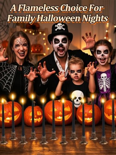 Alphatool 24 Pcs Halloween Black LED Flameless Candles with Remote, Bases