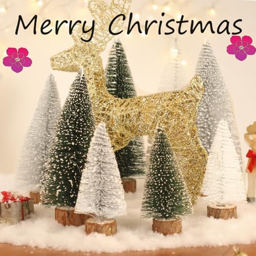 Mini Christmas Tree, Small Pine Tree with Wooden Bases for Xmas Holiday Party Home Tabletop Tree Decor (Green White Silver)