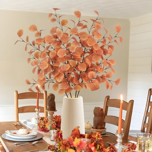 4Pcs Artificial Eucalyptus Leaves Stems 33.8‘’ Eucalyptus Branches Fake Poinsettia Flowers Faux Plants for Home Table Fireplace Party Wedding Thanksgiving Décor
