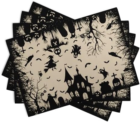 Halloween Placemats 12x18 Inch Set of 4 Black White Witch Castle Ghost Place Mats Spooky Haunted House Bats Tree Crow Table Mat for Party Kitchen Dining Outdoor Indoor Decor
