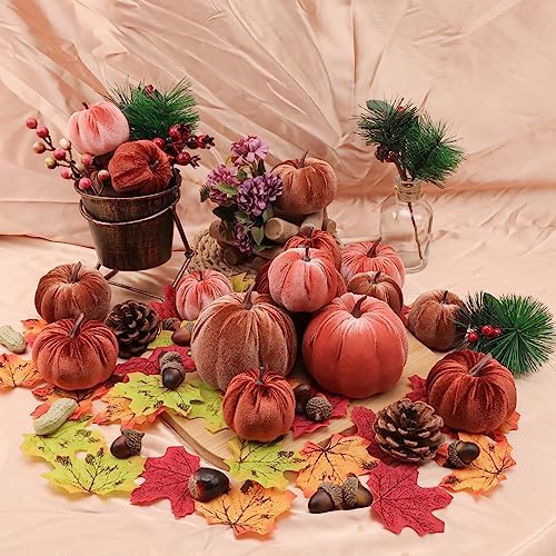 Woration 18pcs Velvet Pumpkin Decor Mix Size Fake Faux Foam Fabric Pumpkins