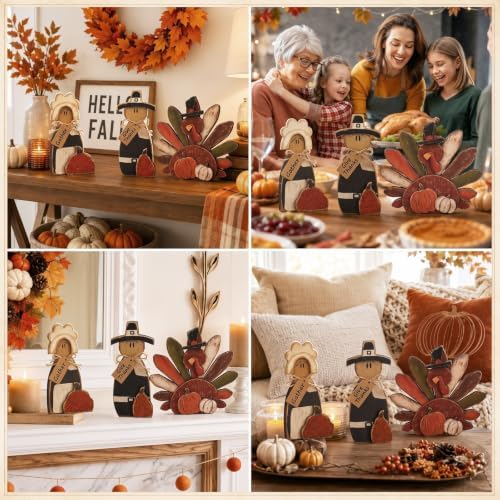 Cinnvoice 3 Pcs Fall Decorations Thanksgiving Pilgrim Turkey Tabletop Signs