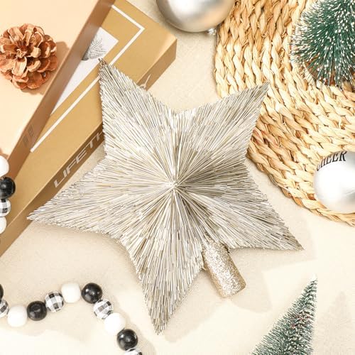 Threehoney 8.3 Inch Christmas Star Tree Topper Glitter Decor,Champagne Gold