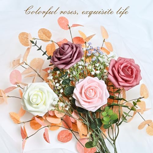 BLEUM CADE 16Pcs Artificial Flowers Fake Foam Roses with Stems for Wedding