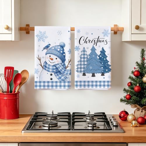 Hexagram Christmas Kitchen Towels, Blue Plaid Snowman Christmas Hand Towels