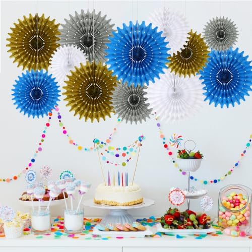 BestoFun 12PCS Blue Gold Silver Hanging Honeycomb Paper Fans Decoration Set for New Year Graduation Birthday Wedding Bachelorette Baby Shower Backdrops Anniversary Paper Party Supplies