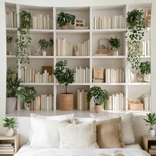 HVEST Botanical Bookshelf Tapestry Green Plant Potted and Books Wall Tapestry for Living Room Aesthetic Library Tapestries Wall Art Decor for Bedroom Home Office Classroom, 40L x 60W Inches