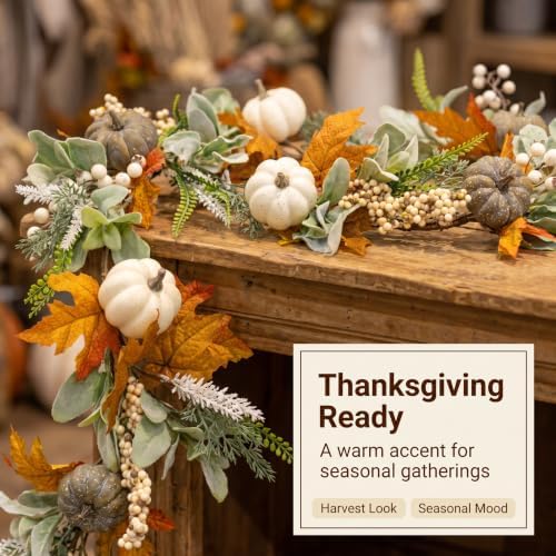 JINGHONG 6FT Fall Garland for Mantle with Pumpkins Berries Lamb Ears Leaves Thanksgiving Vine Pumpkin Garlands for Autumn Harvest Table Centerpieces Fall Decorations for Home Porch Fireplace Decor