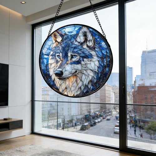 Blue Wolf Stained Glass Window Hanging Suncatcher Gifts for Women 12"