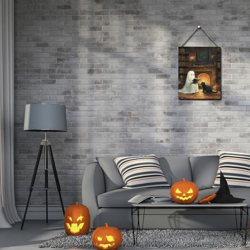 Halloween Decor, Cute Halloween Decorations Indoor, Spooky Halloweens Wall Art Wooden Hanging Sign Wood Plaque Decor, Ghost Black Cat Door Sign Farmhouse Home fireplace Living Room Decoration