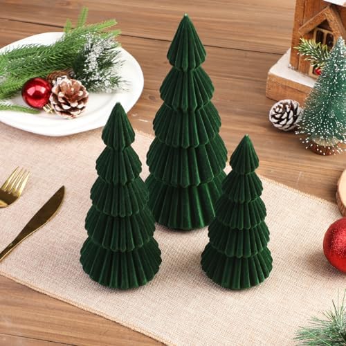 Set of 3 Velvet Ceramic Christmas Tree Decor, Dark Green