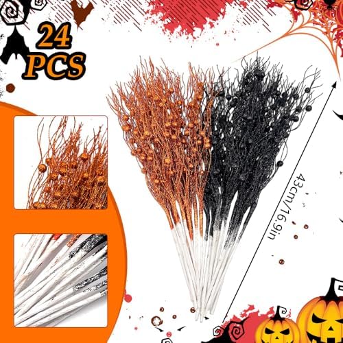 24 Pack Glitter Halloween Black Orange Artificial Berry Stem Picks 13.4 Inch Curly Tall Tree Filler Branches Christmas Decorations for Vase Filler, Twigs for Holiday (Orange Black)