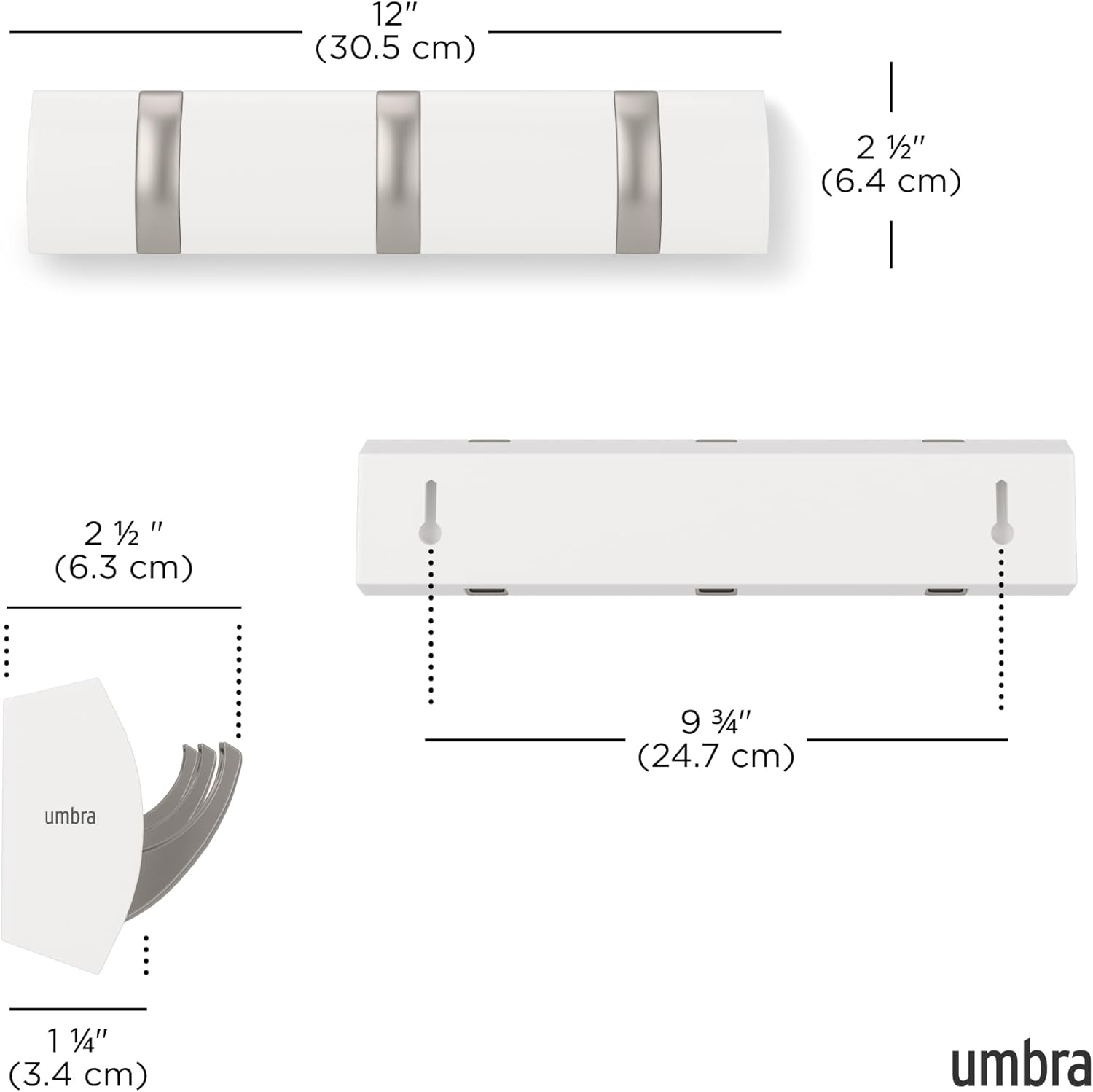 Umbra Flip Coat Rack, Wall Mount Retractable Hooks, 3-Hook, White/Nickel | Real wood and steel build, folds flat when