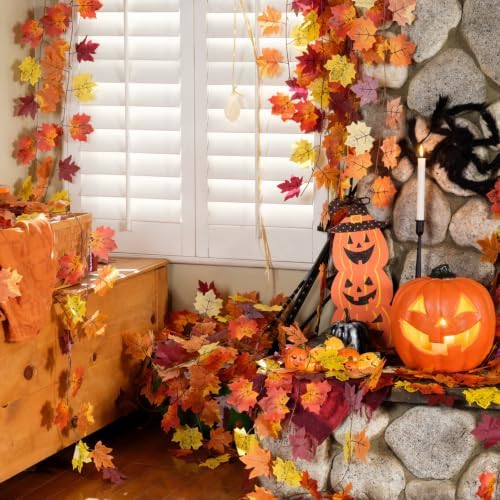 CQURE 8 Pack Fall Garland, Total 63Ft Artificial Autumn Maple Leaves Garland Hanging Vines, Thanksgiving Halloween Harvest Decor for Fireplace Mantle Table Indoor Outdoor