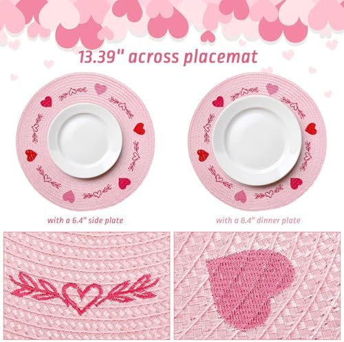 Whaline 4Pcs Round Valentine Placemats Red Pink Heart Embroidered Place Mats Decorative Dinner Table Mats for Home Wedding Anniversary Party Decor