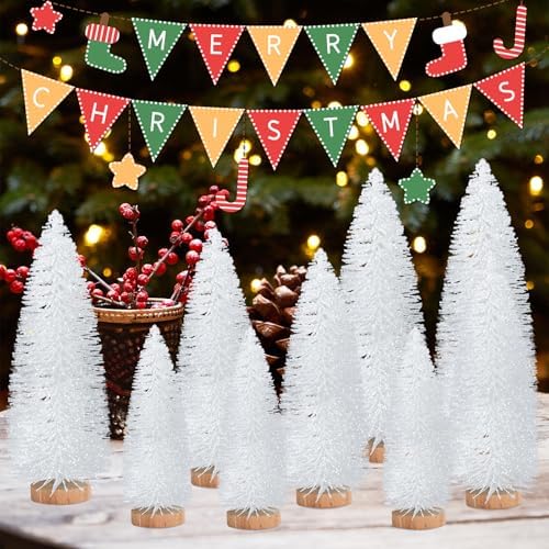 9 Pcs Mini Christmas Tree, Tabletop Christmas Tree with Wooden Bases Artificial Mini Tree with 3 Sizes Christmas Table Decor Bottle Brush Trees for Christmas Decorations (White Glitter)