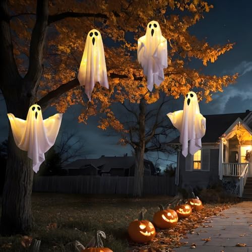 Lifnatty Halloween Hanging Ghost Decorations with Remote Control, 8 Lighting Modes & Timer, Light Up LED Ghosts, Battery Operated Halloween Decor for Outdoor Indoor Yard, Porch, Tree, Ceiling