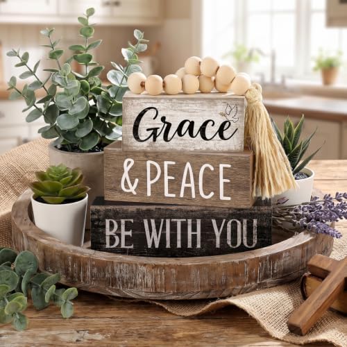 Moucuny 4 Pcs Christian Table Decoration Wooden Stack with Beaded Tassel