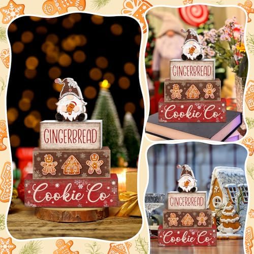 Britimes Tiered Tray Decor Set, 4 Pack, Wooden Table Sign, Gingerbread