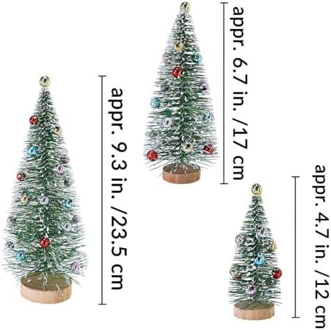 Winlyn 3 Pcs Christmas Frosted Bottle Brush Trees with Wood Base Small Green Sisal Trees with Ornaments Snowy Tabletop Christmas Trees 4.7"- 9.3" Tall for Christmas Village Decor Winter Holiday Party
