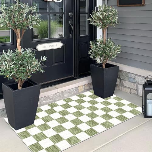 Front Door Mat Indoor Entrance - 2x4.3 Ft Green White Checkered Rug